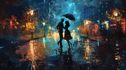 A painting of a joyful couple dancing in the rain