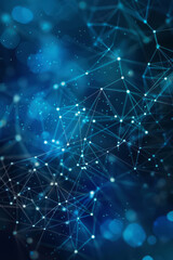 An abstract blue background features digital connections and nodes forming a network structure.