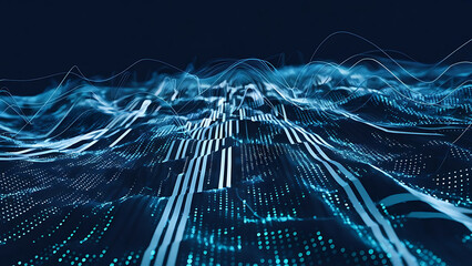 Structured database. Abstract digital wave particle. Digital music background. Sound vibrations. Futuristic dotted wave. Big data analytics. 3D illustration of nano particles in cyberspace