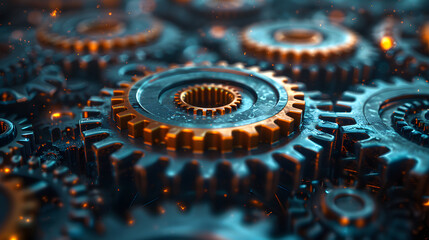 Detailed close-up of interlocking industrial gears with glowing highlights, emphasizing mechanical precision and engineering complexity