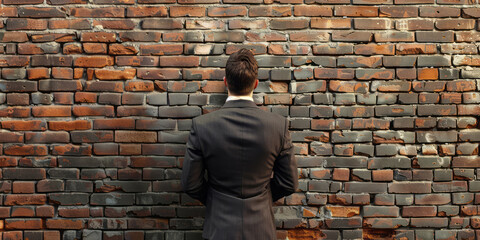 Viewed from behind, a man in a suit stands against a brick wall, looking at an empty space.