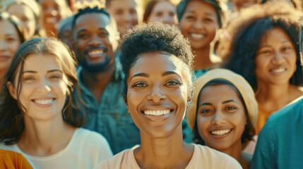 A large group of smiling people from various age groups and ethnicities are all looking at the camera with warm smiles on their faces, standing in an open space.