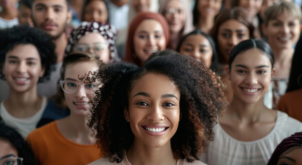 Obraz premium A large group of diverse people are smiling and looking at the camera, with some individuals showing their faces clearly while others have only half or one side visible.
