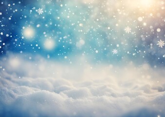 Fototapeta premium Magical Winter Scene_ Snow, Snowflakes, and Soft Bokeh Lights Against a Blue Sky, a Chilly Backdrop for Christmas, Capturing Snowy Stillness in Frosty Weather.
