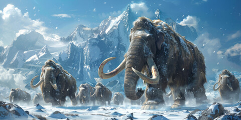 A group of mammoths, their long tusks standing out against the snowy landscape, walk in the snow with majestic mountains and a blue sky behind them.