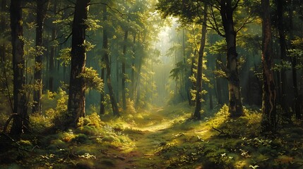 Vast,Lush Forest Landscape with Sunlight Filtering Through Canopy and Trailing Path in Verdant Undergrowth