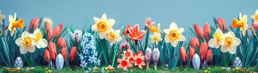 Fototapeta premium Illustration of a garden scene with daffodils, hyacinths, and crocuses blooming for Easter