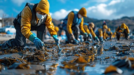 A group of people working together to clean up a polluted beach, highlighting the importance of community action and volunteerism in environmental protection..stock image