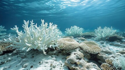 A coral reef bleached and lifeless, highlighting the impact of climate change and ocean acidification on marine ecosystems..stock photo