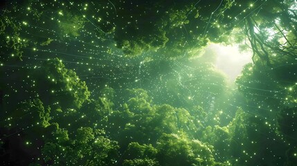 Fototapeta premium Mesmerizing Microgrid Hovering Above Lush Forest Canopy with Ethereal Glowing Energy Pathways Intertwining with Flora