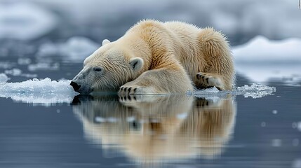 A polar bear stranded on a melting ice floe, symbolizing the vulnerability of Arctic species and the urgency of addressing climate change..stock photo