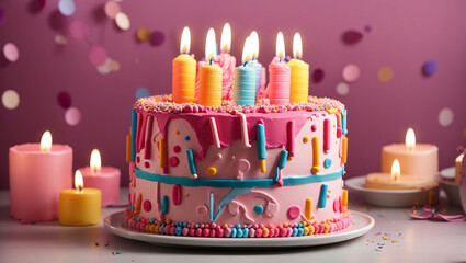 A pink birthday cake with blue and white frosting and lit candles sits on a table covered in brightly colored sprinkles. Pink, blue, and white balloons and streamers decorate the background.

