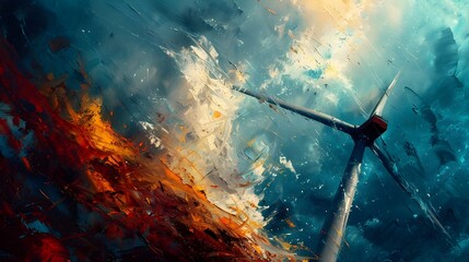 Dramatic Worms-Eye View of Wind Turbine Blade Soaring Through Stormy Sky