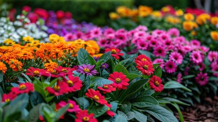Colorful garden with blooming flowers and green foliage --no text. logo, icon, number