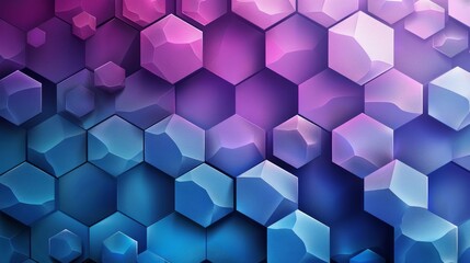 A background showcases an abstract pattern of blue and purple hexagons.