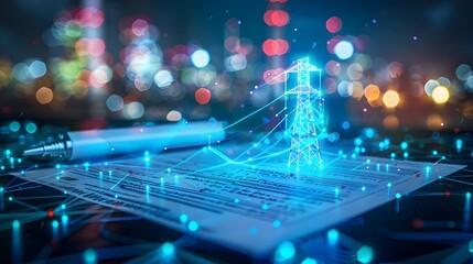 Captivating Frontal View Representation of a Power Purchase Agreement with Textured Elements and Holographic Highlights