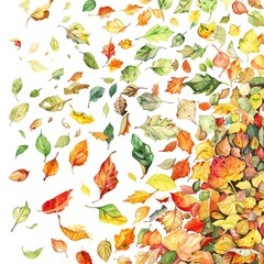 Colorful leaves falling from a tree in autumn.