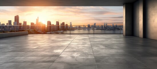 concrete floor parking lot with views of city buildings in the evening