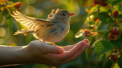 A hand gently releasing a bird into the air, signifying the importance of protecting wildlife and preserving natural habitats..illustration