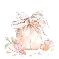 Create a watercolor painting of a small, wrapped gift with a large bow on top. The gift should be decorated with a watercolor floral pattern and placed on a white background.