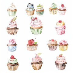 A variety of watercolor cupcakes on a white background. The cupcakes are decorated with different colored frosting, sprinkles, and fruit.