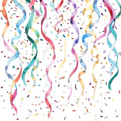 Colorful watercolor confetti and streamers. Perfect for a festive background or wrapping paper.