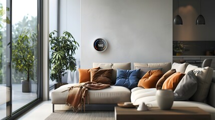 Sleek and Integrated Smart Thermostat Elevates Modern Minimalist Living Room with Cozy Plush Sofa and Chrome Accents