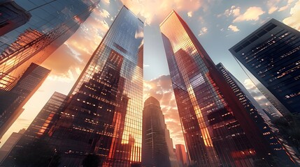 Striking Modern City Skyline with Tilted Angle and Reflections at Sunset or Sunrise