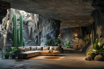 a living room in the cave, underground house interior design with couch and green cactus plants, ambient lighting, dark grey stone walls, hyper realistic, ultra detailed,