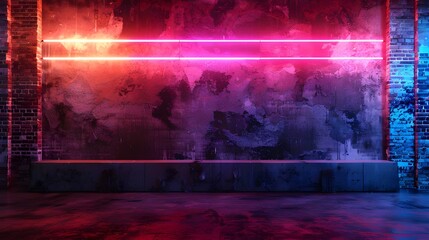 Neon, Brick wall texture pattern, blue, and purple background, an empty dark scene, laser beams, neon, spotlights reflection on the floor, and a studio room with smoke floating up for display products