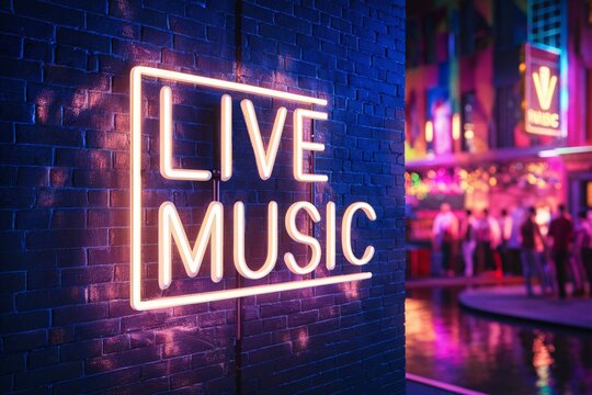 Live music text glowing neon sign on the brick wall with blurred people in the background. - Powered by Adobe