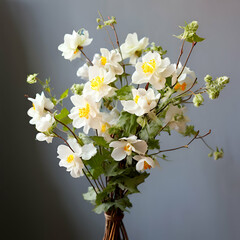 Obraz premium bunch of light fresh flower twigs,Babys breath bouquet on the black and gray background. AI generated. 