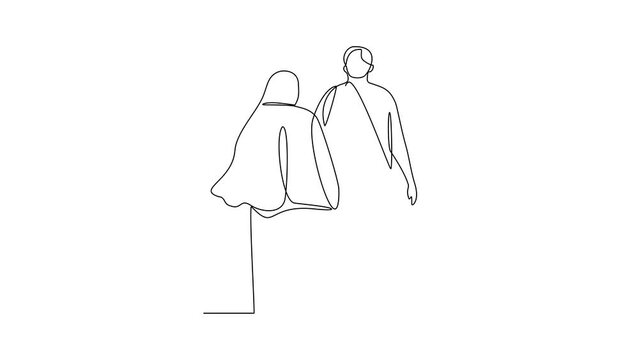 Animated self drawing of a moslem spouse who are performing the Hajj and Umrah in the holy land of Mecca. Worship is carried out in the month of Dzulhijah every year. Islamic design video concept. 