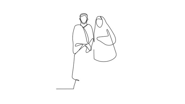 Animated self drawing of a moslem spouse who are performing the Hajj and Umrah in the holy land of Mecca. Worship is carried out in the month of Dzulhijah every year. Islamic design video concept. 