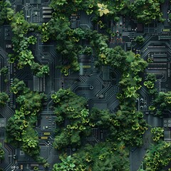 A circuit board overgrown with lush green foliage, symbolizing the harmony between technology and nature.