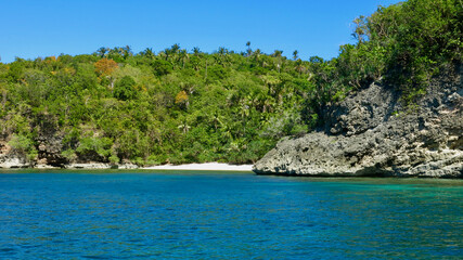 Coast of a tropical island. Tropical landscape. View from the sea to the rocky coast of the island covered with jungle and sandy beach.
