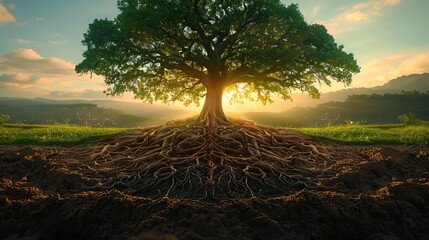 A tree with roots extending deep into the earth, symbolizing the interconnectedness of all life and the importance of preserving ecosystems..stock photo