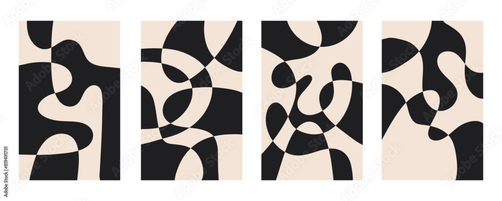 Poster Set of abstract vertical backgrounds with colorful waves. Trendy vector illustration in style retro 60s, 70s.	Black and beige colors
