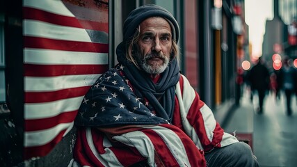 A homeless man on the street covered with the flag of America
