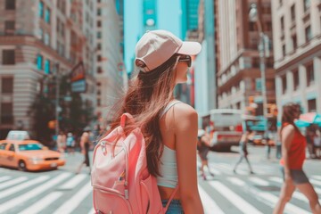 Young woman with a pink backpack and cap walking in a busy city street on a sunny day, capturing the vibrant urban atmosphere.