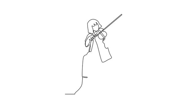 Animated self drawing of a violinist is performing on stage in front of thousands of spectators video design illustration. Music themes with simple linear continuous line style video design concept.