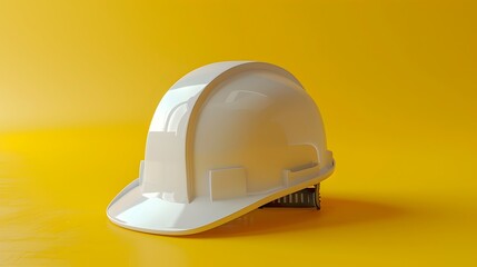 Fototapeta premium Minimalist Hardhat on Bright Yellow Background Essential Workplace Safety Gear in Clean Modern Industrial Setting