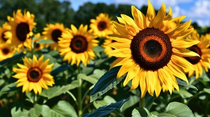 Fototapeta premium Bright sunflowers in golden summer field