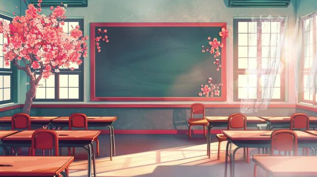 Korean classroom with cherry blossom trees, blackboard in the middle of the classroom, the board is decorated with cherry blossom leaves. 4k background animation video loops and seamlessly