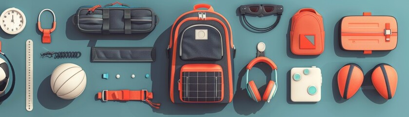 Organized sports bag flat design top view functionality theme animation Splitcomplementary color scheme