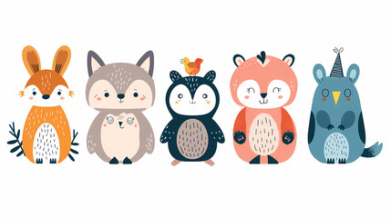 Naklejka premium A set of cute cartoon animals. Vector flat images of animals for postcards, invitations, textiles, thermal printing