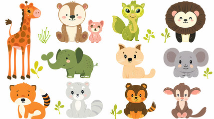 Obraz premium A set of cute cartoon animals. Vector flat images of animals for postcards, invitations, textiles, thermal printing
