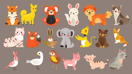 Fototapeta premium A set of cute cartoon animals. Vector flat images of animals for postcards, invitations, textiles, thermal printing