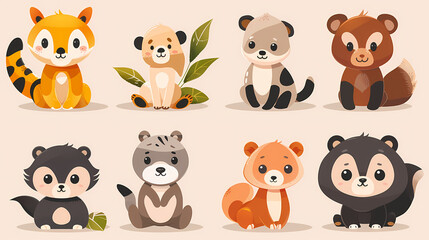 A set of cute cartoon animals. Vector flat images of animals for postcards, invitations, textiles, thermal printing