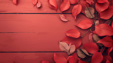 red leaves on a red wooden background, AI Generative